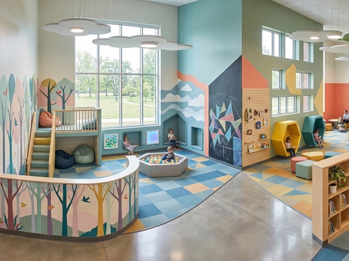 Colourful children's library and reading nook mural