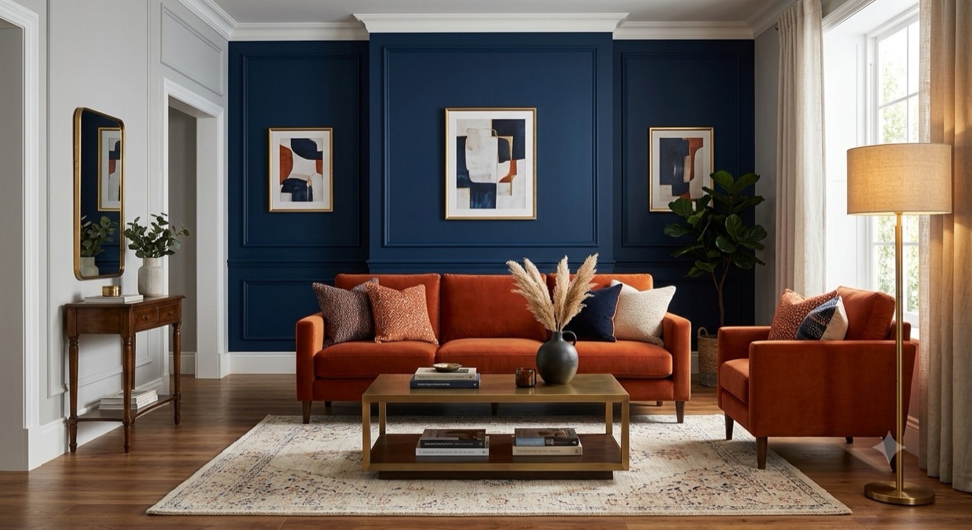 Navy blue living room with warm terracotta accents