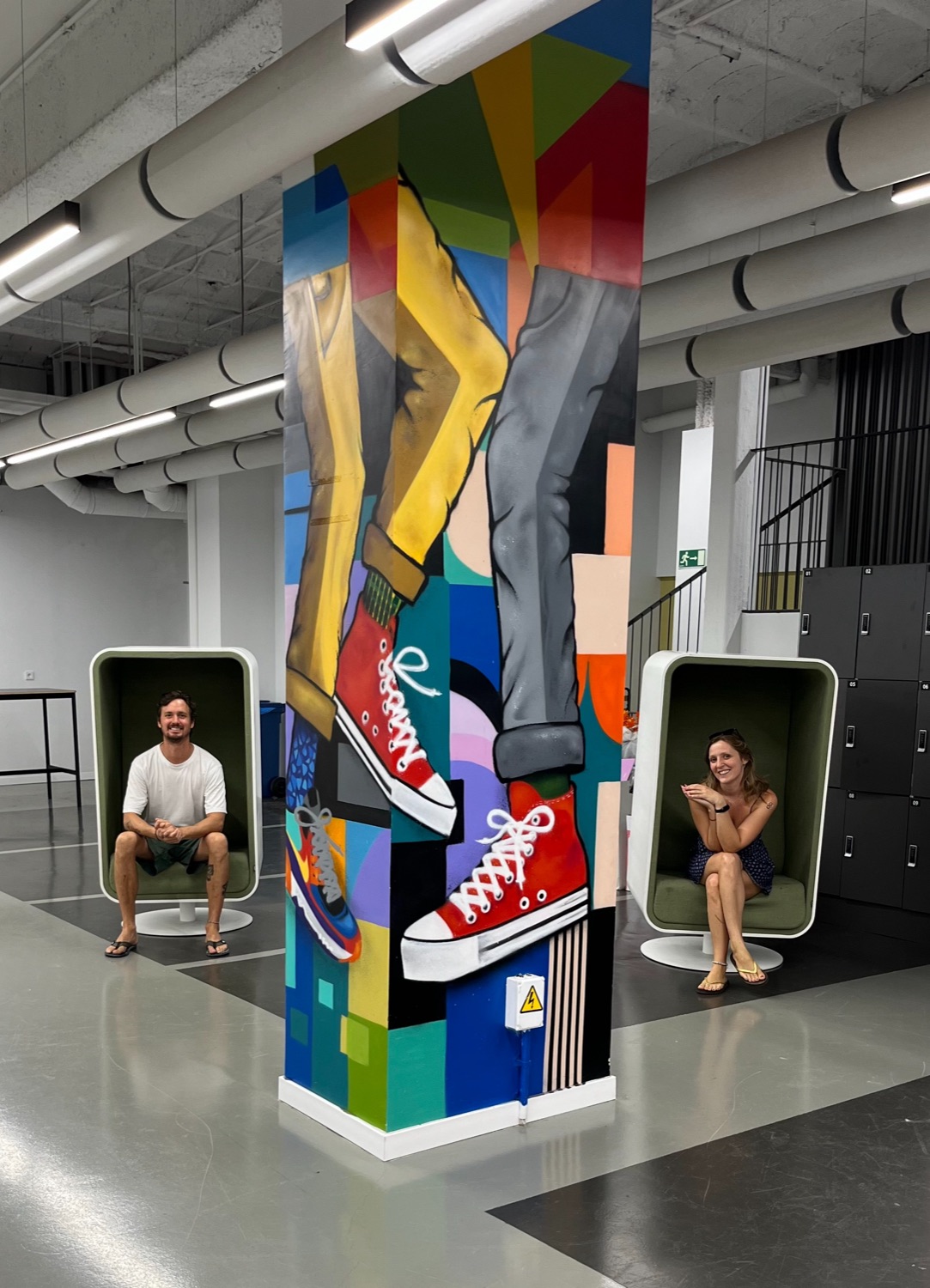 Colourful geometric mural installation
